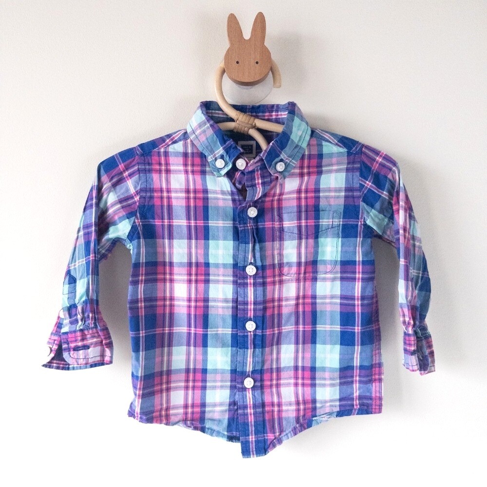 Janie and Jack Plaid Button Down Shirt Blue Pink Long Sleeve Baby 6-12 Months